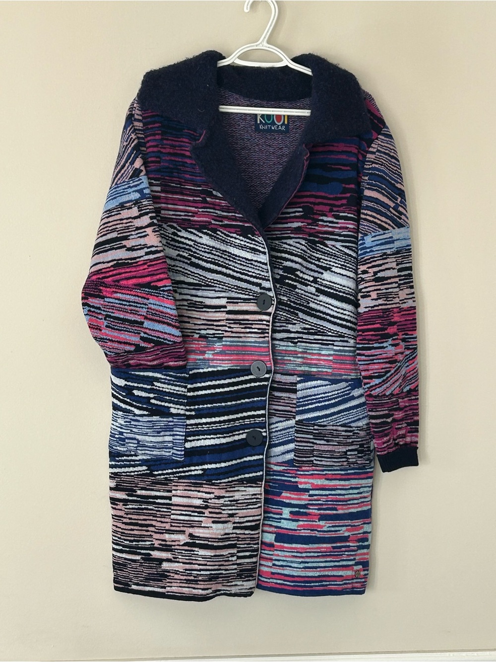 VTG KOOI Knitwear Wool Longline Dopamine Cardigan Sweater Coat Size XL